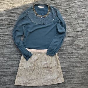 Tory Burch metallic skirt with chiffon embellished blouse